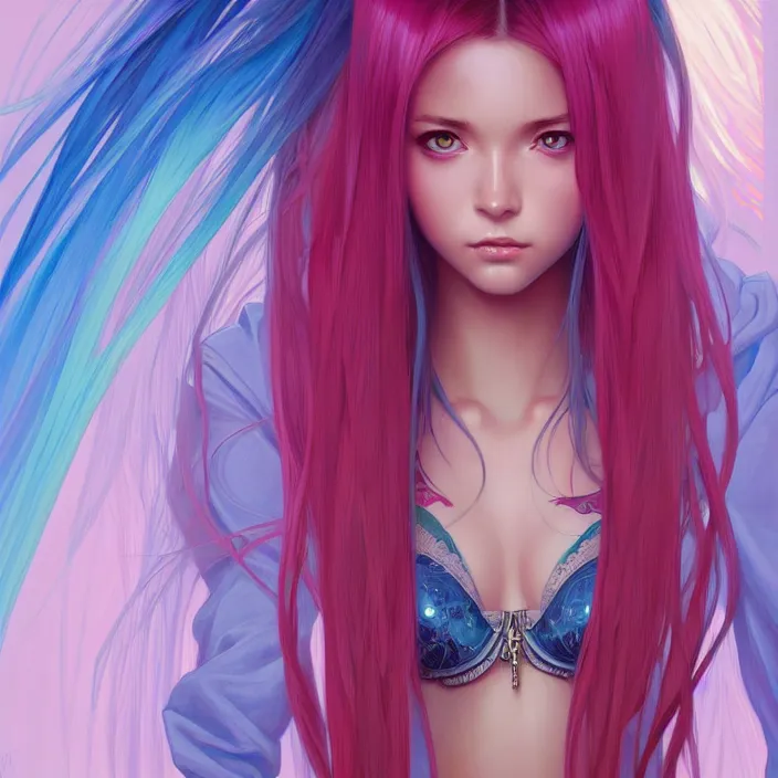 Image similar to portrait of beautiful symmetrical anime girl, rainbow hair, attractive, casual, modern, victoria's secret, highly detailed, digital painting, artstation, concept art, smooth, sharp focus, illustration, art by moebius artgerm, greg rutkowski and alphonse mucha, 8 k,