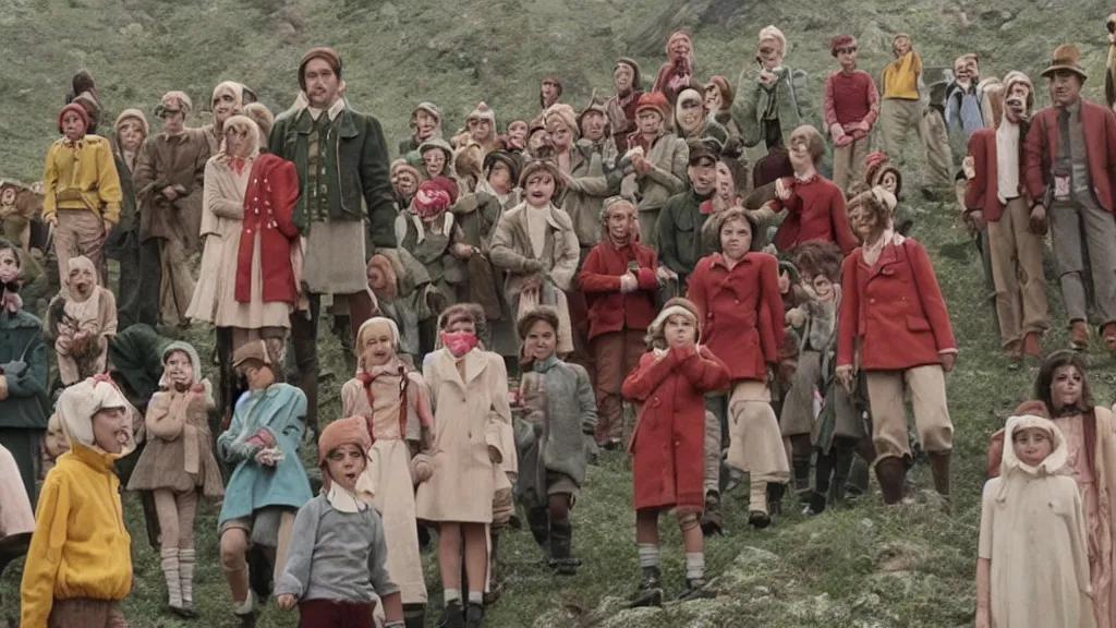 Image similar to A still from a Wes Anderson movie where the Pied Piper is luring hundreds of kids up a hill, long shot