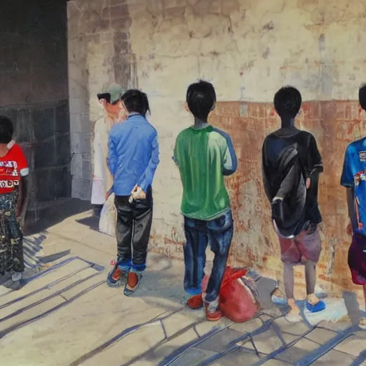 Prompt: on the right side, a korean boy stand and look left. the boy have towned clothes and he look dirty and poor. on the left side a korean boy stand and look right, this boy rich and have good clothes. in the middle of the picture there's an wall that seperate the two boys. painting.