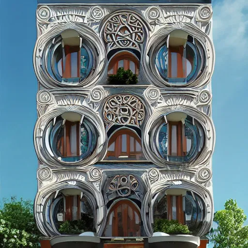 Prompt: building - contemporary architecture inspired by slavic traditional decorative art, hyper realistic illustration