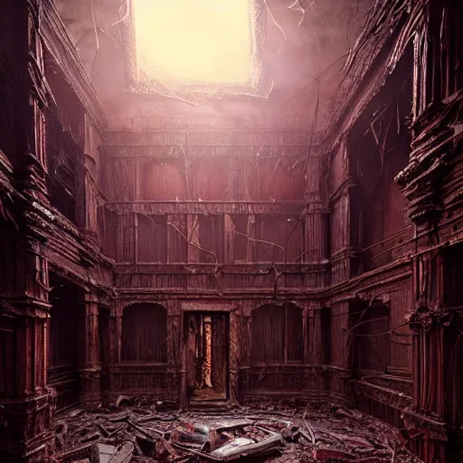 Prompt: bloody demonic snarling eldritch horror creature, many needle spikes, inside an old abandoned house, backlit, extremely detailed digital matte painting by Greg Rutkowski and H.R. Giger