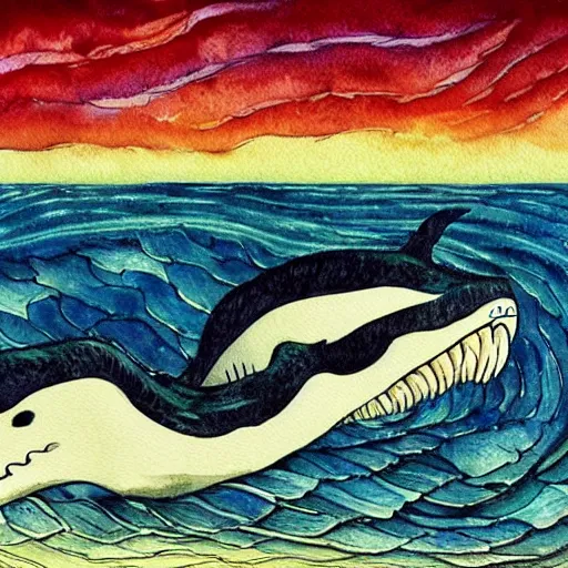 Image similar to anatomically correct whale, aesthetically pleasing composition, watercolor painting by hayao miyazaki and vincent van gogh, masterful, sharp focus, rich texture, rich vivid color, dynamic, energetic, lively, perspective, elegant design, high detail, hdr.