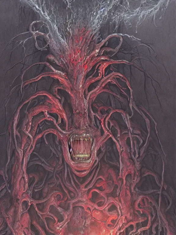 Image similar to wayne barlowe painting of a flying sorrowful looking severed human head, floating head with tears running down it's eyes, face that is chalk white in color, with long white tentacles stemming from it's neck, fiery scorching red eyes, background sprawling terrifying hellish cave with lava flowing through it's walls, 4 k