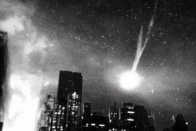 Image similar to cinematic shot of a comet hitting New York City. Riots and panic.