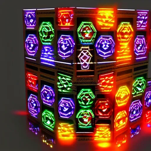 Prompt: lament configuration with rgb led lights, highly detailed, render, detailed, spooky, scary