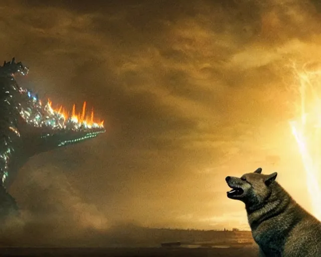 Image similar to godzilla as a shiba inu in a Godzilla: King of the Monsters still film directed by Christopher Nolan, shooting beams from its mouth and toppling over cities, epic action scene