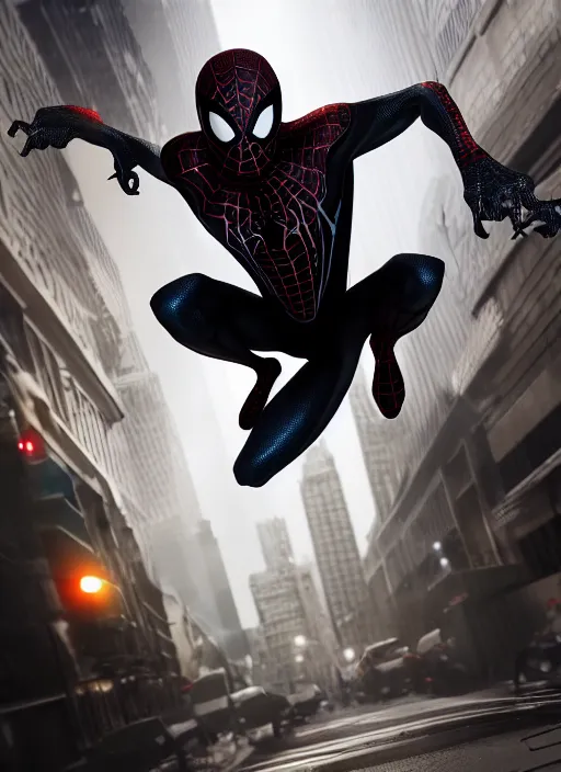 Image similar to photograph of a symbiote and spider - man hybrid, dslr, cinematic, volumetric lighting, 8 k resolution, photorealistic