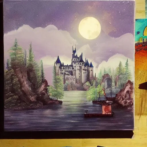 Image similar to Castle+moon+river+painting+ evil+smoke