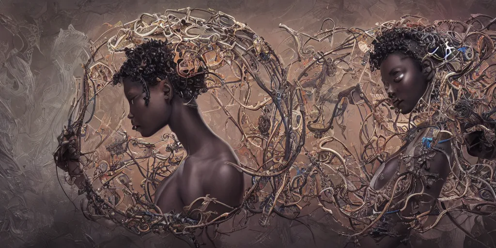 Image similar to hyperrealistic photography of a highly detailed and symmetrical gorgeous black female demigorgon deconstructing a poetry machine in the style of Jin Kagetsu, James Jean and wlop, highly detailed, face symmetry, masterpiece, award-winning, sharp focus, intricate concept art, ambient lighting, 8k, artstation