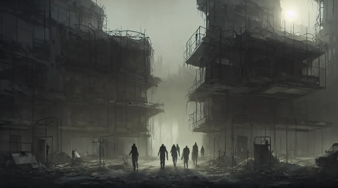 Image similar to post apocalyptic hospital building, morning, by pascal blanche, trending on artstation, human silhouettes walking