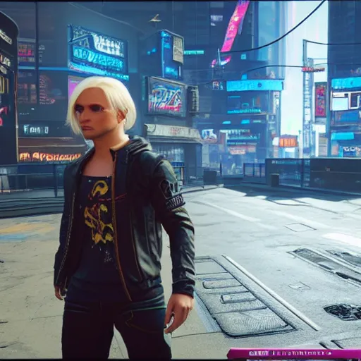 Image similar to an in-game screenshot of blonde hair blue eyed boy in Cyberpunk 2077