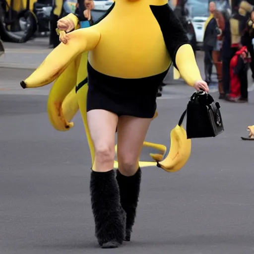 Image similar to emma watson in a banana mascot suit