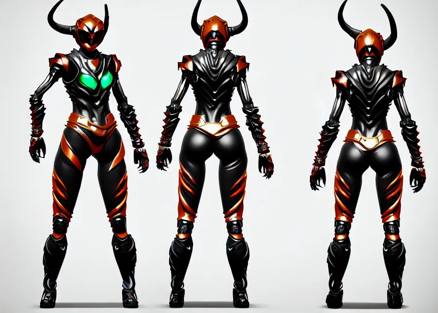 Image similar to female kamen rider character concept art sprite sheet of abstract tiger concept, big belt, horns, human structure, concept art, hero action pose, human anatomy, intricate detail, hyperrealistic art and illustration by irakli nadar and alexandre ferra, unreal 5 engine highlly render, global illumination