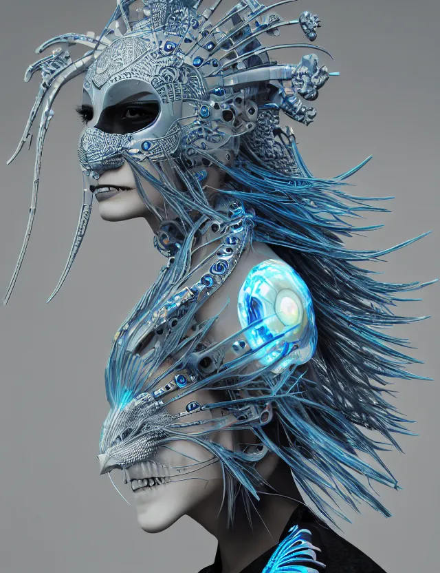 Image similar to 3 d goddess close - up profile simple portrait cybernetic with skull. beautiful intricately detailed japanese crow kitsune mask and clasical japanese kimono. betta fish, jellyfish phoenix, bio luminescent, plasma, ice, water, wind, creature, artwork by tooth wu and wlop and beeple and greg rutkowski