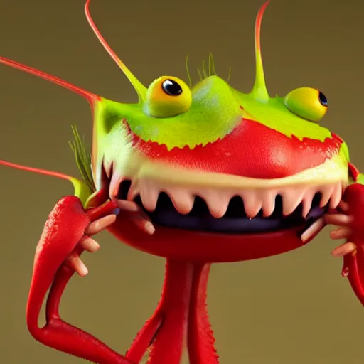 Image similar to cute anthropomorphic venus flytrap carniverous plant creature with many leaf arms and vine legs and big eyes and big teeth detailed character concept 3 d pixar style render 4 k