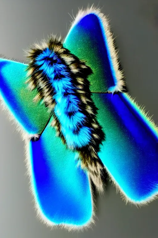 Image similar to high quality macro photo silky iridescent furry moth! jewelled gorgeous! highly detailed david ligare elson peter cinematic blue neon lighting high quality low angle hd 8k sharp shallow depth of field