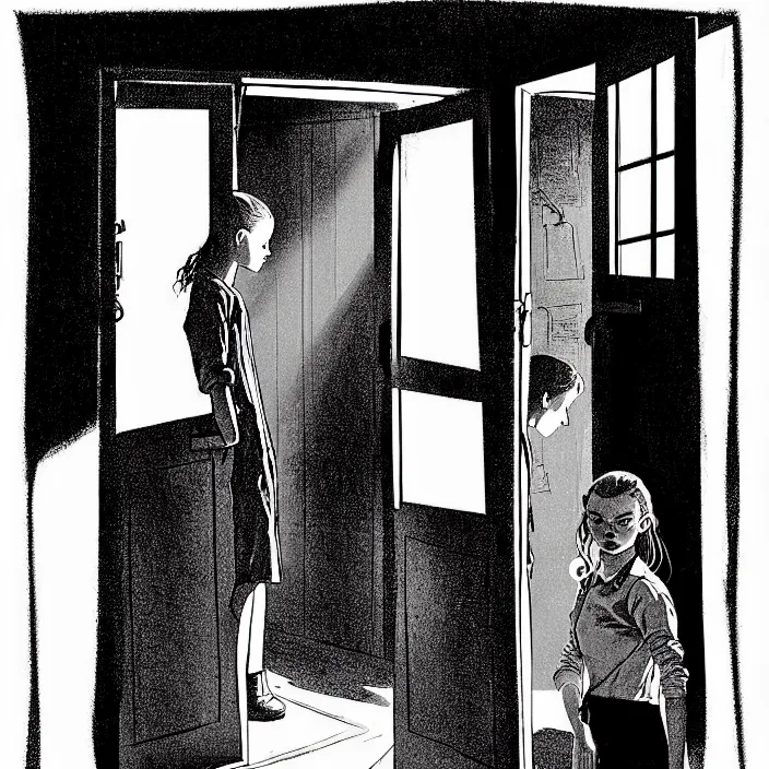 Prompt: [ sadie sink in dirty workmen clothes opens the door to enter ] [ a very dark dingy 1 9 6 0 s house ]. technique : black and white pencil and ink. by gabriel hardman, joe alves, chris bonura. cinematic atmosphere, detailed and intricate, perfect anatomy