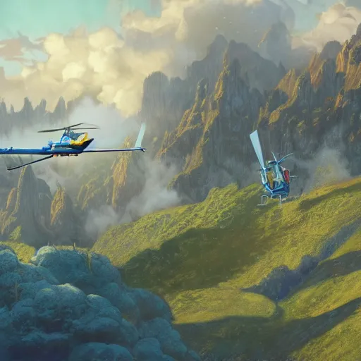 Image similar to highly detailed matte painting of smurfs piloting a helicopter, by Artgerm,Greg Rutkowski,Alphonse Mucha, 4k resolution ((cloudy background))