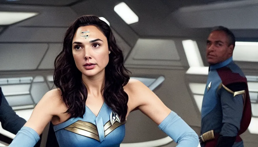 Image similar to Gal Gadot, in full starfleet uniform, is the captain of the starship Enterprise in the new Star Trek movie