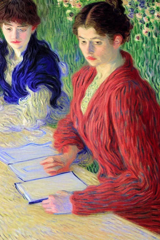 Image similar to portrait of two wise and very beautiful women reviewing some texts, art by monet, intricate, elegant, highly detailed, smooth, sharp focus, artstation