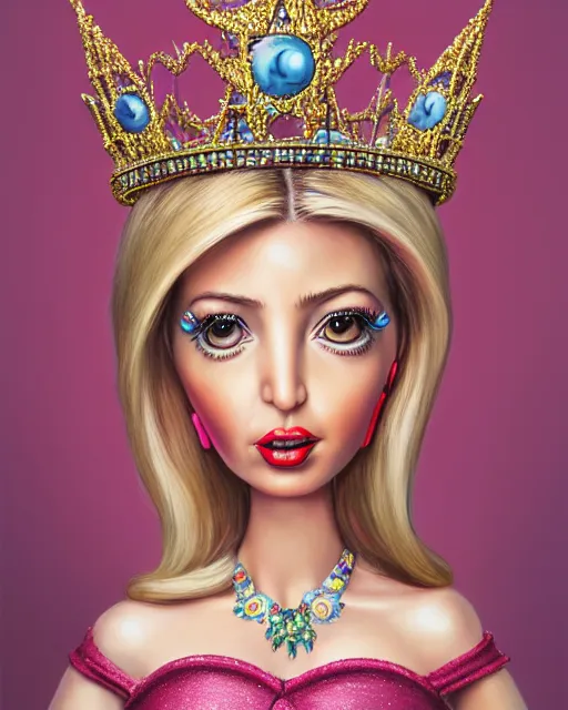 Prompt: closeup profile portrait of a tin toy ivanka trump as a fairytale princess wearing a crown and eating cakes, bikini, hyper realistic, artstation, illustration, nicoletta ceccoli, mark ryden, lostfish, max fleischer, digital paint, matte paint, vivid colors, bright, cheerful, detailed and intricate environment