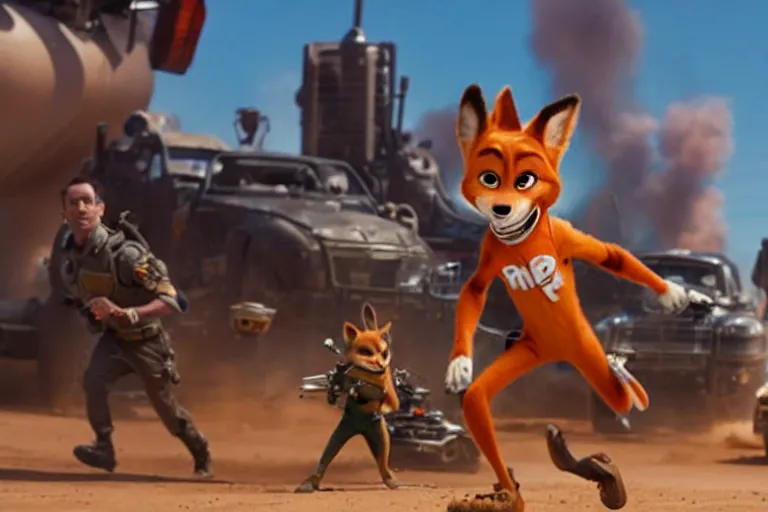 Image similar to nick wilde ( from zootopia ), heavily armed and armored facing down armageddon in a dark and gritty reboot from the makers of mad max : fury road