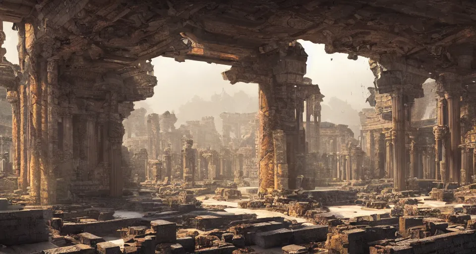 Image similar to The interior of an mytical and ancient temple in ruins, hyperdetailed, artstation, cgsociety, golden hour 8k