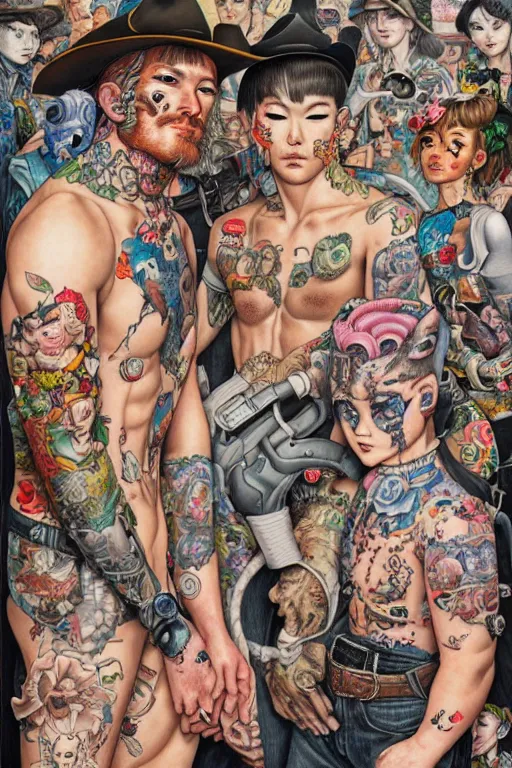 Prompt: full view, from a distance, of cowboys with tattoos, style of yoshii chie and hikari shimoda and martine johanna, highly detailed