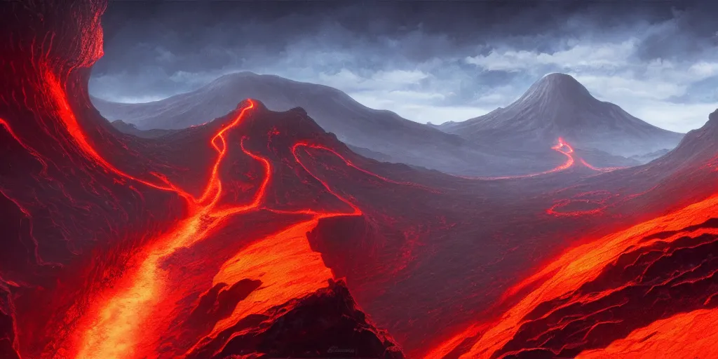 Prompt: a volcanic lava mountain canyon on an alien world, matte painting, dynamic lighting, cinematic cel shading, trending on artstation