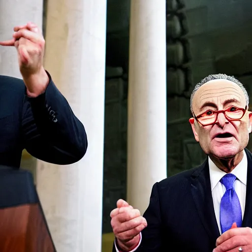 Prompt: Chuck Schumer summoning fire, lightning, and intense energy