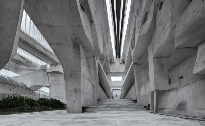 Image similar to futuristic concrete monastery, the monastery is on top of a black snowy mountain, the concrete monastery has walkways, skybridges, stairways, white marble statues on pedestals in the background, depth of field, sharp focus, clear focus, beautiful, award winning architecture, hopeful, quiet, calm, serene