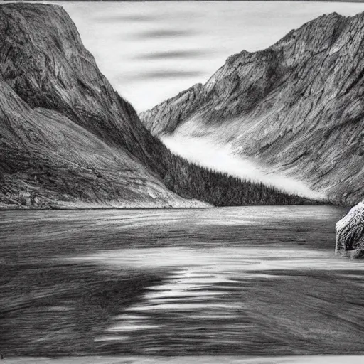 Image similar to lago di sorapis, hyper - realistic black and white drawing, hyper detailed