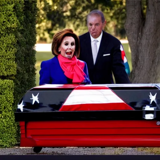 Image similar to demonic nancy pelosi in a coffin