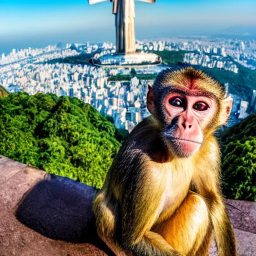 Image similar to high quality portrait of a monkey in front of Christ The Redeemer, studio photograph, photograph, realistic photo, 8k photo, 4k photo, stock photo, high resolution, cinematic shot, high detail