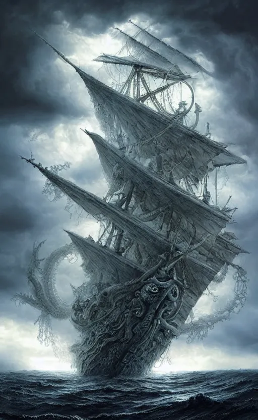 Image similar to the voyage of life, storm on the sea of galilee, huge clouds in the form of a dendritic cthulhu, an epic pirate ship, dappled silver lighting, atmospheric, highly detailed, by igor morski, jacek yerka, alexander jansson, james christensen, tomek setowski