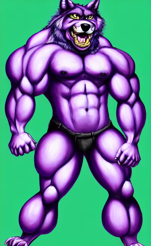 Image similar to painting of an anthropomorphic bulky muscular purple wolf, furry style, wearing jeans, deviant art, fursona, professional furry drawing, insanely detailed, bulky wolf - like face with dragon features, doing a pose from jojo's bizarre adventure, detailed veiny muscles, exaggerated features, beautiful shading, huge teeth, grinning, colorful background