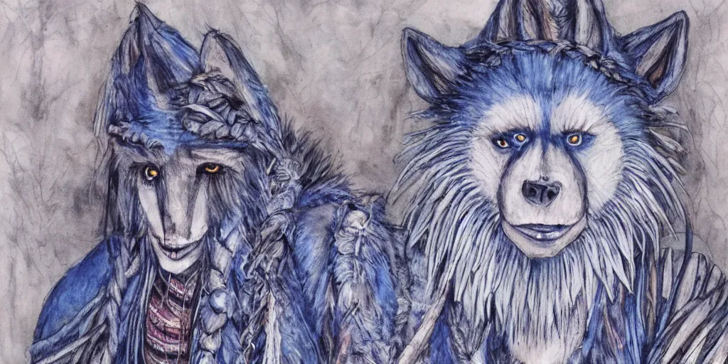 Prompt: realistic painting of an anthropomorphic werewolf, furry, blue / white fur, in a misty forest at night, with braids and beads in mane, native american clothing, heavily detailed, early 2 0 0 0 s, in the art style of quetzecoatl, using watercolor, ink, colored pencil, mid shot