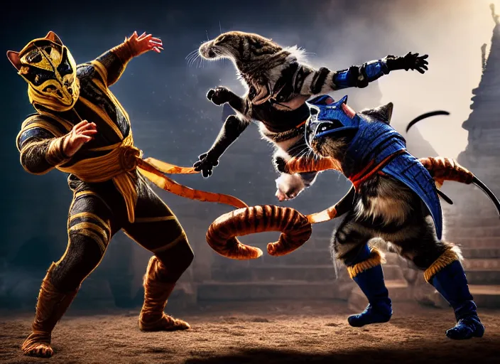 Image similar to hamster dressed as scorpion fights a cat dressed as sub zero in mortal kombat on the background of an ancient temple with a giant shao kahn laughing. fantasy magic style. highly detailed 8 k. intricate. lifelike. soft light. sony a 7 r iv 5 5 mm. cinematic post - processing