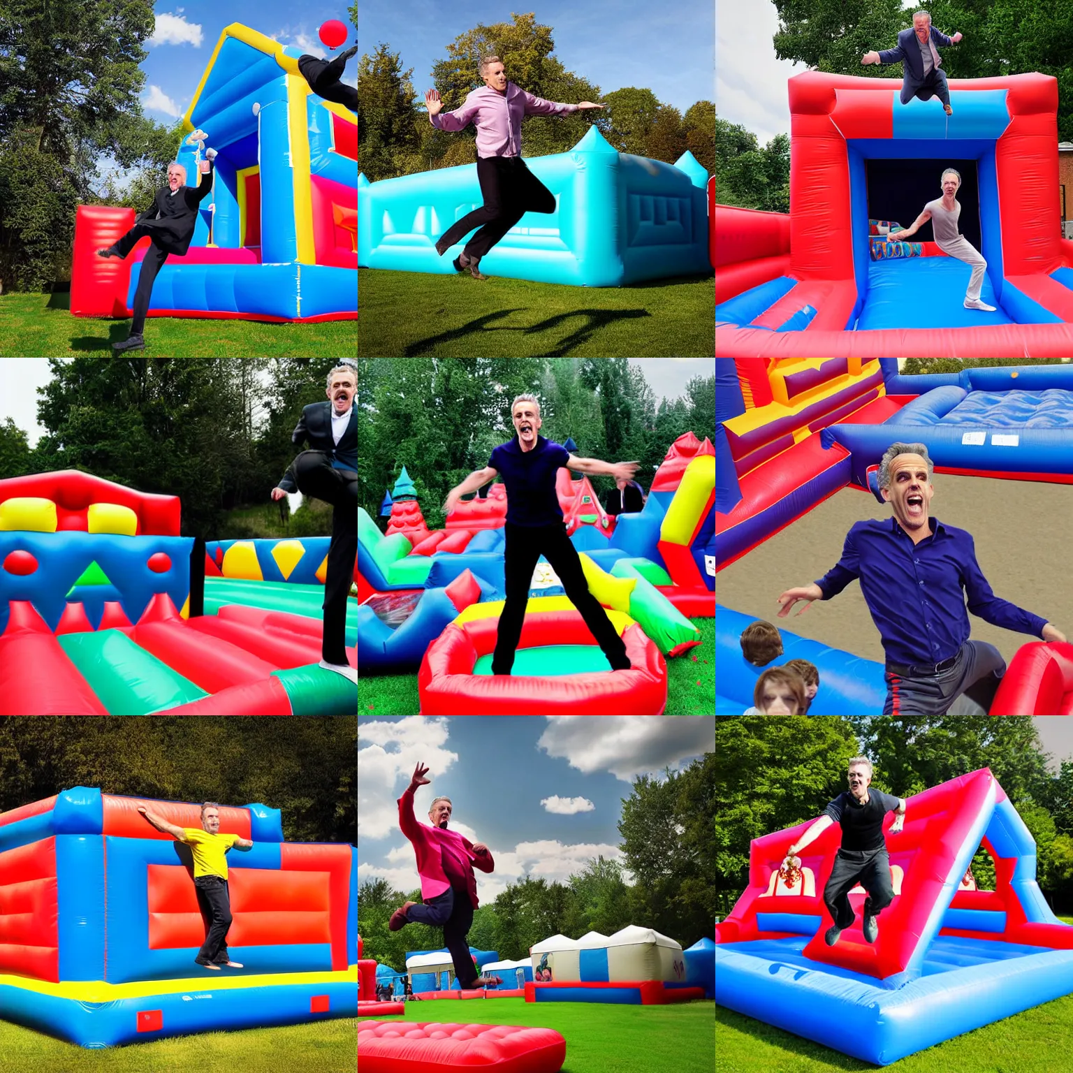 Prompt: jordan peterson jumping in a bouncy castle, photograph, hyper realistic
