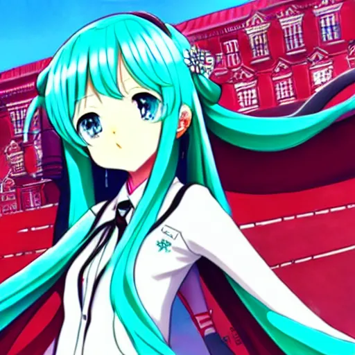 Image similar to hatsune miku on the moscow red square, high detailed anime art, trending on pixiv