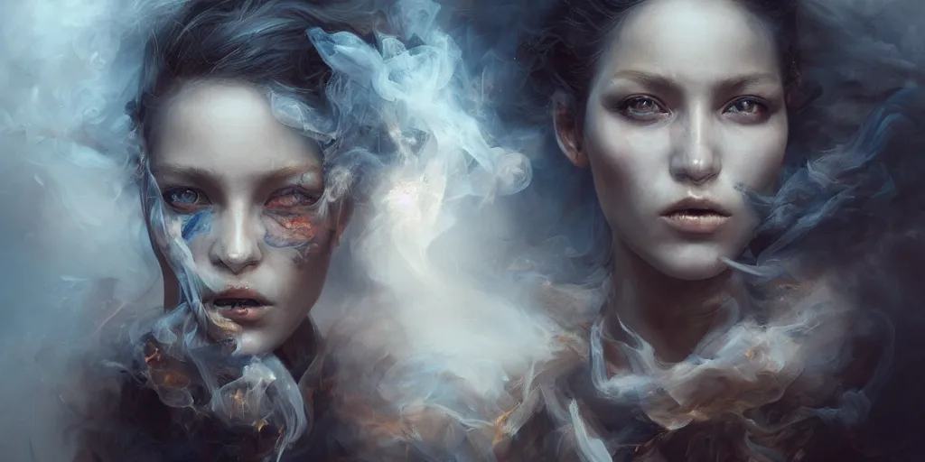 Image similar to hyperrealistic photorealist pose beautiful model in smoke, dramatic lighting, highly detailed, hyper detailed, 3 d render, hyper realistic detailed portrait, high face symmetry, peter mohrbacher, wlop, ruan jia