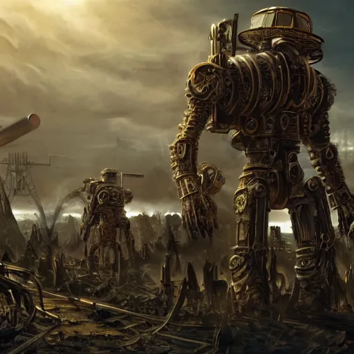 Image similar to gigantic bipedal humanoid war machine standing in a battlefield, steam punk, 70's sci-fi, highly detailed, deep aesthetic, 4k, highly ornate intricate details, cinematic lighting, rich colors, digital artwork, ray tracing,