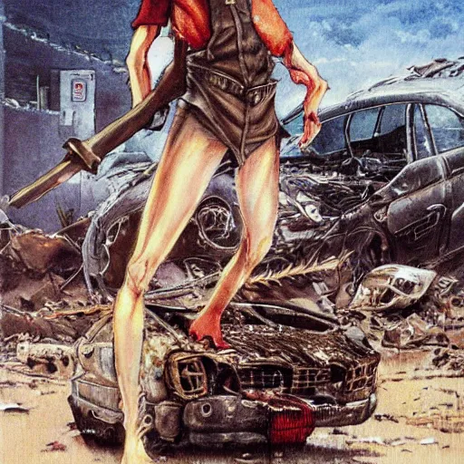 Prompt: a skinny elf with spiky blonde hair wearing dark brown overalls and holding dynamite standing next to a destroyed car, painting by Yoshitaka Amano