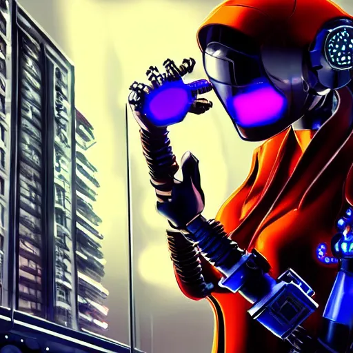 Image similar to !dream A beautiful cyberpunk woman, with bright blue eyes and a silver robotic arm, in a dark and gritty cityscape.