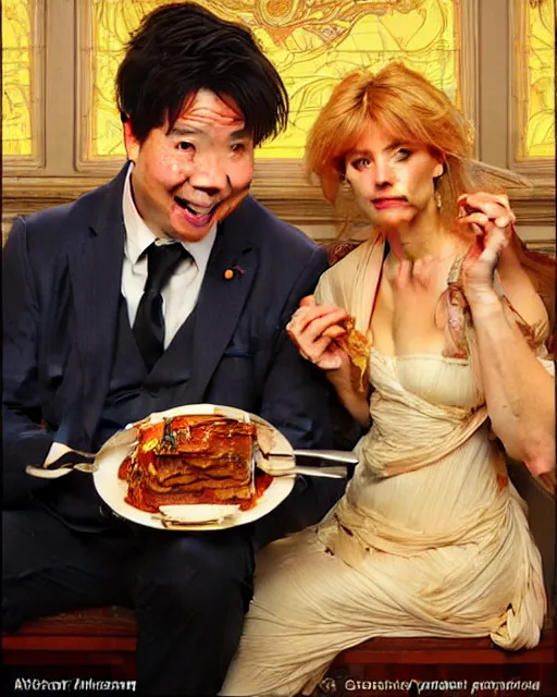 Image similar to Portrait of Michael Mcintyre & a blonde lady eating lasagna on r das flores in Porto,real life skin, intricate, elegant, highly detailed, artstation, concept art, smooth, sharp focus, art by artgerm and greg rutkowski and alphonse mucha