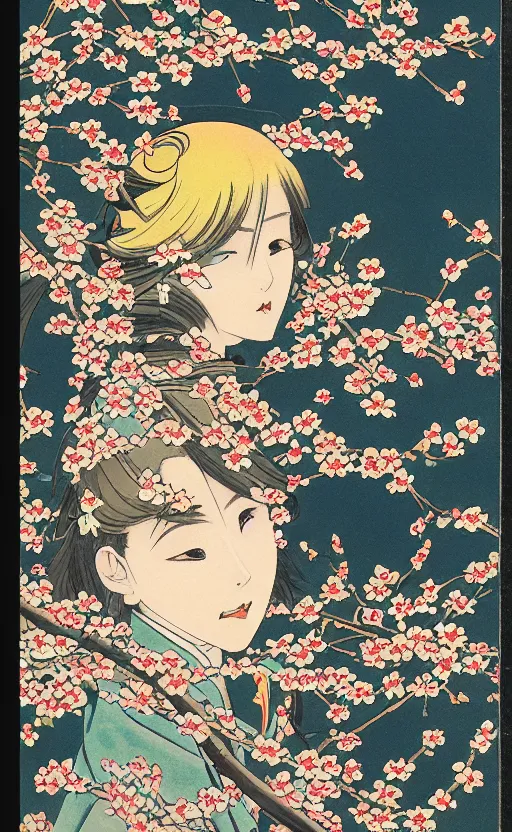 Prompt: by akio watanabe, manga art, the sun and blossoming blackthorn branch, trading card front, kimono, sun in the background