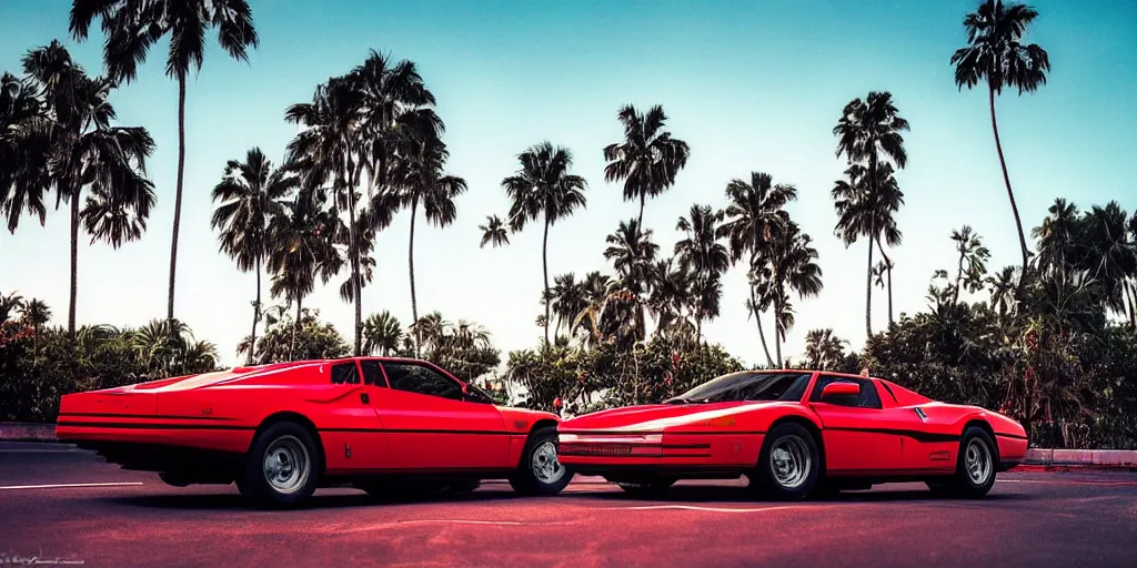 Image similar to A red 1980’s Ferrari super car cruising along an infinite highway with palm trees lining both sides, synthwave style, ‘80s retro style, atmospheric lighting