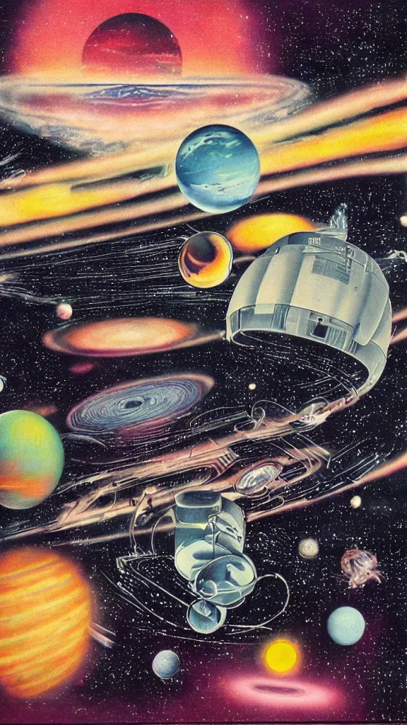 Prompt: 1 9 8 0 s airbrush surrealism illustration of a radio over a cosmic landscape by ryo ohshita