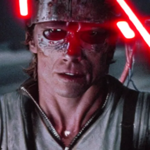 Image similar to film still of the terminator covering his face with a bandana, red glowing eyes, grainy