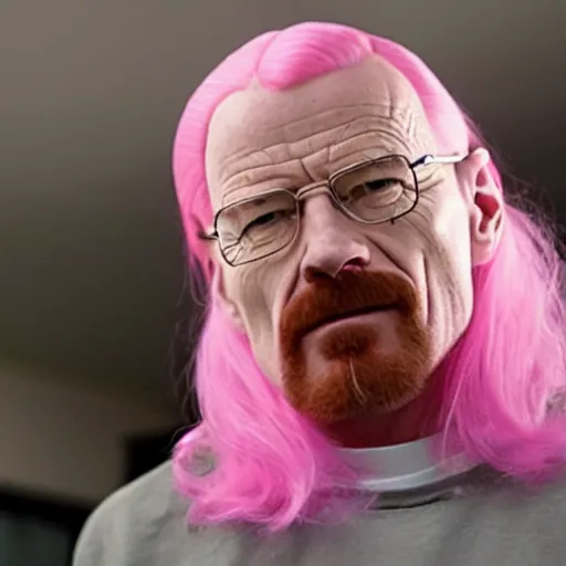 Prompt: walter white wearing a pink hair wig